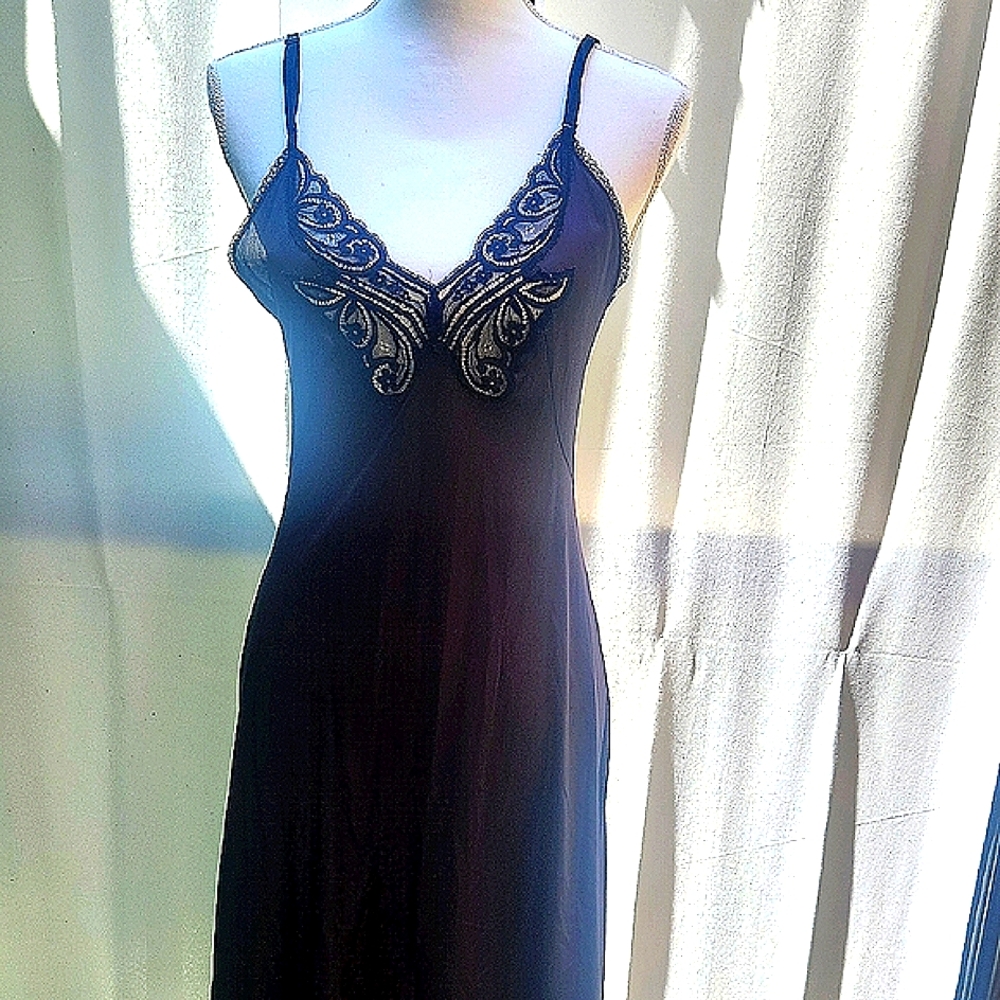 Vintage Black Nylon Lace Slip Dress W/ Butterfly Cut-out Detail.whimsigoth